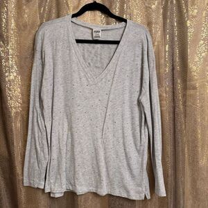 PINK Victorias Secret Gray Rhinestone Glitter Logo V Neck Top Large
